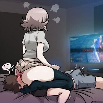 1boy 1girl artist_name ass black_shirt black_thighhighs breasts bulge clothes_lift commentary danganronpa_(series) danganronpa_2:_goodbye_despair elden_ring elden_ring:_shadow_of_the_erdtree english_commentary erection erection_under_clothes from_behind girl_on_top grey_shirt hetero highres kneeling large_breasts mosbles multitasking nanami_chiaki on_bed oral panties playing_games polka_dot polka_dot_panties rellana_twin_moon_knight revision shirt short_hair short_sleeves sitting sitting_on_face sitting_on_person skindentation skirt skirt_lift smelling spoken_blush thighhighs underwear you_died