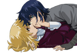 Rule 34 | 1boy, 1girl, amulet, arm behind head, artist name, ascot, athrun zala, blonde hair, blue hair, cagalli yula athha, couple, eye contact, fumiko (mesushi), green eyes, gundam, gundam seed, gundam seed freedom, hands on another&#039;s face, imminent kiss, looking at another, lying, short hair, white ascot, white background, yellow eyes