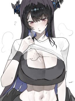 1girl abs absurdres afterimage asymmetrical_horns black_hair black_sports_bra blue_hair blush breasts cleavage collarbone colored_inner_hair crop_top demon_horns ewn fanning fanning_face fanning_self flower hand_fan highres hololive hololive_english horn_flower horns hot large_breasts long_hair looking_at_viewer midriff mole mole_under_eye multicolored_hair navel nerissa_ravencroft open_mouth pants red_eyes shirt simple_background solo sports_bra sportswear sweat sweaty_clothes toned toned_female two-tone_hair underwear uneven_horns very_long_hair virtual_youtuber white_background white_shirt yoga_pants
