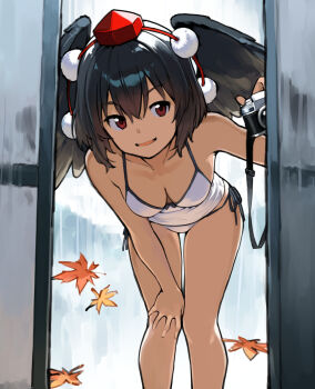 1girl :d asakura_maru autumn_leaves bent_over black_hair black_wings breasts camera camisole commentary_request cowboy_shot hand_on_own_knee hat highres holding holding_camera leaf looking_at_viewer maple_leaf medium_breasts open_mouth panties pom_pom_(clothes) red_eyes red_hat shameimaru_aya short_hair side-tie_panties smile solo spaghetti_strap tokin_hat touhou underwear white_camisole white_panties wings