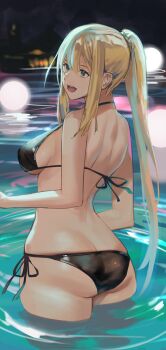 1girl :d ass bikini black_bikini blonde_hair blue_eyes blurry blurry_background breasts butt_crack darkness_(konosuba) from_behind hair_between_eyes halterneck highres j@ck kono_subarashii_sekai_ni_shukufuku_wo! large_breasts long_hair open_mouth ponytail side-tie_bikini_bottom sideboob smile solo string_bikini swimsuit wading