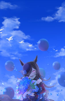 Rule 34 | 1girl, animal ears, balloon, bare shoulders, batako (pfbatakopd), bird, blue dress, blue flower, blue hat, blue rose, blue sky, blush, bouquet, brown hair, cloud, commentary request, dress, flipped hair, flower, fur choker, hair over one eye, hat, hat flower, highres, holding, holding bouquet, horse ears, horse girl, long hair, long sleeves, looking at viewer, off-shoulder dress, off shoulder, open mouth, purple eyes, rice shower (rosy dreams) (umamusume), rice shower (umamusume), rose, sky, smile, solo, tilted headwear, umamusume