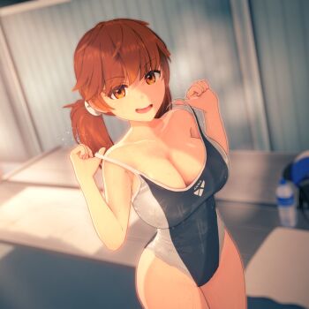 1girl 3d anna_anon anna_skyler_(anna_anon) bare_shoulders blurry blurry_background breasts brown_eyes brown_hair cleavage collarbone commentary cowboy_shot english_commentary highres large_breasts long_hair looking_at_viewer one-piece_swimsuit open_mouth original short_twintails smile solo swimsuit teeth thighs twintails upper_teeth_only wet