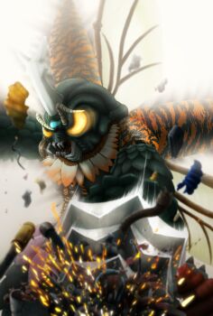 antennae bug compound_eyes drill_hand epic gem gem_on_head giant giant_monster glowing glowing_eyes glowing_gem godzilla_(series) godzilla_vs._megalon_(1973) highres horns insect_wings jet_jaguar kaiju mandibles megalon monster motion_blur motion_lines no_humans no_pupils pov r-miminagi sparks toho wings yellow_eyes