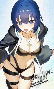 1girl ahoge bikini black_bikini black_jacket blue_eyes blue_hair blush breasts c.i.e.l_(fate) ciel_(tsukihime) cleavage collarbone cropped_jacket cross cross_necklace fate/grand_order fate_(series) highres jacket jewelry kabosoi_mangaka large_breasts long_sleeves looking_at_viewer mysterious_executor_c.i.e.l_(fate) navel necklace open_mouth short_hair smile solo swimsuit thighs