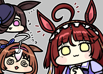 3girls @_@ ahoge animal_ears blunt_bangs blush blush_stickers bow commentary ear_ornament ear_ribbon ears_down frilled_hairband frills grey_background hair_over_one_eye hairband hat horse_ears horse_girl huge_ahoge jazz_jack looking_at_viewer meisho_doto_(umamusume) multiple_girls outline own_hands_clasped own_hands_together pink_hairband puffy_short_sleeves puffy_sleeves purple_eyes purple_hat red_desire_(umamusume) red_hair red_hairband rice_shower_(umamusume) ringed_eyes sailor_collar school_uniform short_sleeves solid_eyes swept_bangs tilted_headwear tracen_school_uniform trait_connection umamusume white_sailor_collar wide_face yellow_eyes
