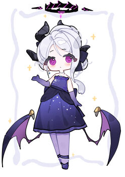 Rule 34 | absurdres, black bow, blue archive, bow, chibi, commentary request, dress, elbow gloves, gloves, hair bow, highres, hina (blue archive), hina (dress) (blue archive), looking at viewer, low wings, purple dress, purple eyes, purple gloves, purple shoes, reiami, shoes, white hair, wings