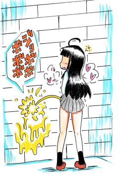 ambiguous_gender black_hair blush clothes_lift crossdressing highres lifting_own_clothes long_hair mikan1t1 open_mouth original peeing peeing_on_wall school_uniform skirt skirt_lift solo standing