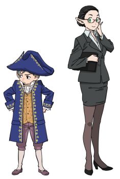 1boy 1girl adjusting_eyewear bicorne black_footwear black_hair black_jacket black_leggings black_skirt blue_hat blue_jacket brown_footwear chilchuck_tims collared_shirt cosplay dungeon_meshi elf frilled_wrist_cuffs frills frown full_body green_eyes hair_bun halfling hands_on_own_hips hat ingrid_hunnigan ingrid_hunnigan_(cosplay) jacket jinou_rakugaki leggings looking_to_the_side marcille_donato parody pencil_skirt pointy_ears ramon_salazar ramon_salazar_(cosplay) resident_evil resident_evil_4 scarf shirt short_hair shorts skirt smile white_background white_hair white_scarf white_shirt wrist_cuffs