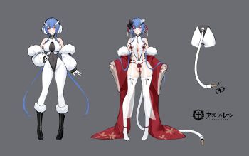 1girl absurdres ass azur_lane bare_shoulders black_boots black_flower blue_hair blush bodysuit bogatyr_(azur_lane) bogatyr_(emotional_data_maintenance)_(azur_lane) boots breasts cleavage commentary_request covered_navel flower full_body gluteal_fold grey_background hair_flower hair_ornament hand_on_own_hip highres k.t.cube knee_boots large_breasts long_hair looking_at_viewer low_twintails official_alternate_costume official_artist_extra parted_lips purple_eyes red_nails reference_sheet simple_background solo thighhighs twintails very_long_hair white_bodysuit white_thighhighs wide_sleeves