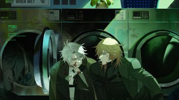 2boys absurdres alternate_universe antenna_hair black_gloves black_shirt blood blood_on_clothes blood_on_face blue_eyes braid chest_harness collared_shirt commentary contemporary english_commentary eye_contact gloves harness head_rest highres honkai:_star_rail honkai_(series) jacket lapels laundromat laundry_basket layered_sleeves long_sleeves looking_at_another male_focus medium_hair multiple_boys mydei_(honkai:_star_rail) notched_lapels o-ring parted_hair phainon_(honkai:_star_rail) plant potted_plant shirt short_hair side_braid single_braid sitting suit_jacket toru8w8 turtleneck unworn_clothes washing_machine watermark white_hair white_shirt wing_collar yellow_eyes