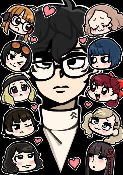 1boy 6+girls :3 ahoge amamiya_ren behind-the-head_headphones bkub black-framed_eyewear black_background black_eyes black_hair black_headband black_jacket blazer blonde_hair blue_eyes blue_hair blunt_bangs blush_stickers bow braid brown_eyes brown_hair closed_eyes closed_mouth crown_braid curly_hair dot_nose earrings eyewear_on_head glasses hair_bow hair_ornament hairclip headband headphones heart highres jacket jewelry kawakami_sadayo long_hair mifune_chihaya multiple_girls niijima_makoto ohya_ichiko okumura_haru one_eye_closed open_mouth orange_hair outline persona persona_5 ponytail purple_eyes red_bow red_eyes red_hair sakura_futaba school_uniform shirt short_hair shuujin_academy_school_uniform simple_background sunglasses takamaki_anne takemi_tae tougou_hifumi twintails white_outline white_shirt yoshizawa_kasumi