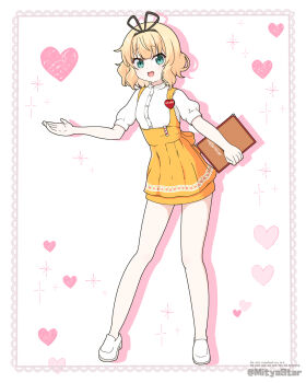 1girl :d bare_legs blonde_hair blue_eyes breasts commentary_request full_body gochuumon_wa_usagi_desu_ka? heart heart_background highres holding holding_menu kirima_syaro looking_at_viewer menu miniskirt mitya open_mouth orange_skirt puffy_short_sleeves puffy_sleeves shirt shoes short_hair short_sleeves skirt small_breasts smile solo standing waitress white_shirt white_shoes