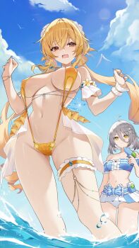 2girls absurdres acacia_(snowbreak) ahoge arm_garter bare_shoulders bikini bikini_skirt blonde_hair blue_bikini blue_nails breasts chukibabo2 commentary_request day detached_sleeves fenny_golden frilled_thigh_strap grey_hair hair_between_eyes hair_ornament hands_up highres holding holding_water_gun large_breasts long_hair looking_at_viewer low_twintails multiple_girls nail_polish navel official_alternate_costume open_mouth orange_eyes outdoors slingshot_swimsuit small_breasts snowbreak:_containment_zone stomach swimsuit thigh_strap thighs twintails very_long_hair wading water_gun yellow_eyes yellow_slingshot_swimsuit