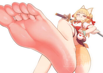 1girl animal_ears barefoot blonde_hair feet fox_ears fox_tail grin hand_on_own_hip highres katana kitsune light_blush long_hair looking_at_viewer orange_eyes original smile soles sword tail toes weapon welfkotaku