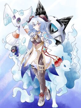 1girl alolan_form alolan_ninetales bell blue_eyes bodystocking breasts commission cowbell cowlick crossover froslass ganyu_(genshin_impact) gen_3_pokemon gen_4_pokemon gen_7_pokemon genshin_impact glalie greatmothsucks grey_shoes highres holding holding_poke_ball horns long_hair looking_at_viewer medium_breasts neck_bell nintendo poke_ball poke_ball_(basic) pokemon pokemon_(creature) power_connection purple_eyes shoes sideboob skirt smile sugimori_ken_(style) tassel very_long_hair walking white_skirt