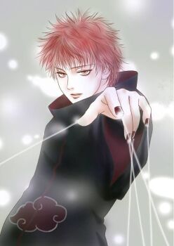 1boy akatsuki_uniform black_coat black_nails coat commentary_request male_focus matsu_(fu6ide2) naruto_(series) naruto_shippuuden parted_lips red_eyes red_hair sasori_(naruto) solo string upper_body