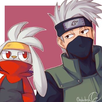1boy 1other black_mask black_shirt chubides crossover flak_jacket forehead_protector furry gen_8_pokemon green_jacket grey_hair hatake_kakashi highres jacket konohagakure_symbol looking_at_another mask mouth_mask naruto_(series) nintendo pokemon pokemon_(creature) raboot scar scar_across_eye scar_on_face shirt short_hair signature upper_body