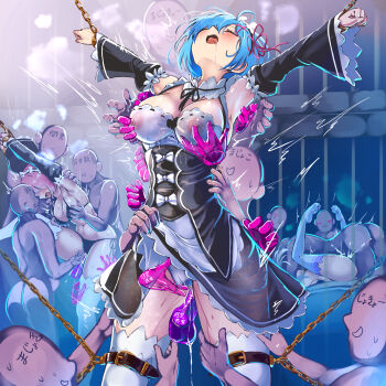 3girls 6+boys bdsm blue_hair bondage bound breast_bondage clothed_female_nude_male clothed_sex emilia_(re:zero) forced_orgasm hetero highres maid monikano multiple_boys multiple_girls non-web_source nude panties pink_hair ram_(re:zero) re:zero_kara_hajimeru_isekai_seikatsu rem_(re:zero) ribbon-trimmed_clothes ribbon_trim sex shared_sense siblings sisters thighhighs topless_female topless_male underwear white_hair