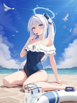 1girl absurdres bag beach bird blue_archive blue_halo blue_one-piece_swimsuit blue_sky casual_one-piece_swimsuit cellphone cloud commentary_request day frilled_one-piece_swimsuit frills halo highres horizon innertube long_hair looking_at_viewer miyako_(blue_archive) miyako_(swimsuit)_(blue_archive) ocean off-shoulder_one-piece_swimsuit off_shoulder official_alternate_costume one-piece_swimsuit outdoors phone ponytail purple_eyes seagull sitting sky solo swim_ring swimsuit two-tone_one-piece_swimsuit wariza white_hair yusuna