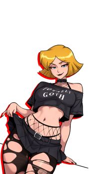 absurdres belt belt_buckle black_lips black_nails black_shirt black_skirt blonde_hair blue_eyes breasts buckle chocker clothes_lift clothes_writing clover_(totally_spies) crop_top fishnets frilled_skirt frills goth_fashion highres leaning_on_object leaning_to_the_side looking_at_viewer medium_breasts midriff nail_polish navel outline red_outline shirt short_hair skirt skirt_lift smile torn_clothes torn_legwear totally_spies wide_hips