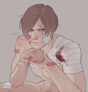 1boy abs artist_name bandaged_arm bandaged_chest bandages bandaid bandaid_on_cheek bandaid_on_face bandaid_on_hand blood bloody_bandages blue_eyes brown_hair bruise completely_nude cropped_legs frown hand_fold hand_on_own_chin highres injury leon_s._kennedy looking_to_the_side male_chest male_focus medium_hair narrowed_eyes nipples nude parted_bangs pectorals pubic_hair resident_evil signature simple_background solo thighs twitter_username upper_body veins veiny_arms wr0wn