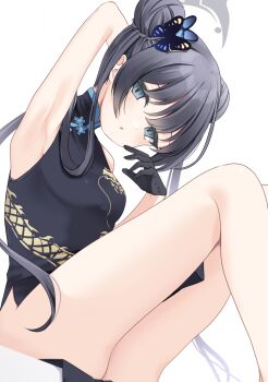 1girl :o arm_behind_head arm_up armpits bare_arms bare_legs black_dress black_gloves black_hair blue_archive blush braid braided_bun breasts butterfly_hair_ornament china_dress chinese_clothes clothing_cutout dot_nose double_bun dragon_print dress gloves grey_eyes grey_halo hair_between_eyes hair_bun hair_ornament halo hands_up highres hip_vent kisaki_(blue_archive) knees_up loli long_hair looking_at_viewer no_panties parted_lips print_dress sentouryoku_5 simple_background sitting sleeveless sleeveless_dress small_breasts solo thighs twintails very_long_hair white_background