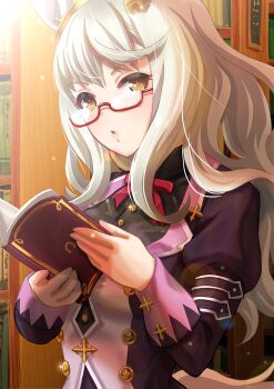 1girl animal_ears biwa_hayahide_(pf._winning_equation...)_(umamusume) biwa_hayahide_(umamusume) black_shirt blush book bookshelf bow bowtie breasts commentary_request glasses grey_hair holding holding_book horse_ears horse_girl horse_tail jacket long_hair long_sleeves looking_at_viewer medium_breasts otono_(bkt4b) parted_lips purple_jacket red-framed_eyewear red_bow red_bowtie semi-rimless_eyewear shirt solo tail umamusume under-rim_eyewear upper_body white_hair yellow_eyes