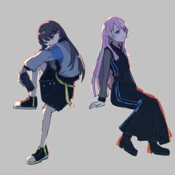 Rule 34 | 2girls, arm support, bang dream!, bang dream! it's mygo!!!!!, belt, birthday connection, black belt, black dress, black footwear, black hair, chihaya anon, commentary, dress, full body, grey background, grey eyes, highres, invisible chair, long hair, long sleeves, mole, multiple girls, pink hair, purple eyes, see-through clothes, see-through sleeves, setou (bpdne), shiina taki, shirt, simple background, sitting, white shirt