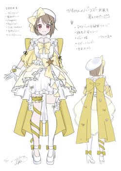 1girl ;d absurdres alternate_costume back_bow beret bloomers blush bow brown_hair closed_mouth commentary_request frilled_bloomers gloves hat hat_bow high_heels highres looking_at_viewer love_live! love_live!_nijigasaki_high_school_idol_club multiple_views nakasu_kasumi nyako_(utaneko31) one_eye_closed open_mouth over-kneehighs pointing pointing_at_viewer red_eyes reference_sheet shirt shoes short_hair single_thighhigh smile teeth thighhighs translation_request underwear upper_teeth_only white_bloomers white_gloves white_hat white_shirt white_shoes white_thighhighs yellow_bow