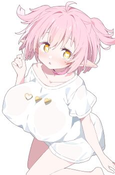 1girl :o absurdres barefoot blush breasts choker collarbone commentary cowboy_shot dot_nose fang hand_up heart heart-shaped_pupils highres huge_breasts looking_at_viewer naked_shirt off_shoulder open_mouth original pink_choker pink_hair pointy_ears shirt short_hair short_sleeves simple_background skin_fang solo symbol-shaped_pupils two_side_up urotsuki_(ku9625) white_background white_shirt yellow_eyes