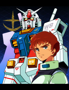 1boy amuro_ray brown_hair commentary_request earth_federation emblem glowing glowing_eyes gundam highres looking_at_viewer mecha mecha_pilot_suit mobile_suit mobile_suit_gundam normal_suit_(gundam) robot roundel rx-78-2_gundam science_fiction serious user_vdzv7583 v-fin yellow_eyes