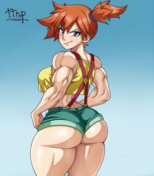 1girl alternate_muscle_size artist_name ass asymmetrical_hair back bare_arms biceps blue_background blue_eyes breasts closed_mouth cowboy_shot crop_top denim denim_shorts from_behind gradient_background green_shorts hands_on_own_hips huge_ass large_breasts looking_at_viewer looking_back median_furrow medium_breasts misty_(pokemon) muscular muscular_female nintendo orange_hair pokemon pokemon_(anime) pokemon_(classic_anime) ponytail shirt short_hair short_shorts shorts side_ponytail sleeveless smile smirk smug solo standing suspender_shorts suspenders tank_top thick_thighs thighs ttrop underbutt v-shaped_eyebrows yellow_shirt yellow_tank_top