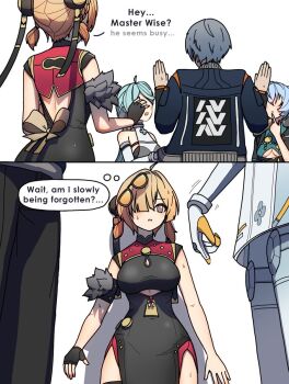 aqua_eyes black_dress blonde_hair blue_hair breasts china_dress chinese_clothes clothing_aside clothing_cutout cutout_above_navel dorahdew dress eyewear_on_head fingerless_gloves formal_clothes gloves grey_hair hair_over_one_eye highres holding holding_staff lucia_elowen orange-tinted_eyewear pelvic_curtain pelvic_curtain_aside seed_(zenless_zone_zero) single_fingerless_glove staff suit sunglasses sweety_(zenless_zone_zero) tinted_eyewear underboob underboob_cutout white_suit wise_(zenless_zone_zero) zenless_zone_zero