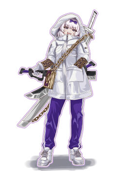 1girl :d absurdres book bow chain commentary full_body gloves grey_hair hair_bow hand_in_pocket haruuuu1185_(kubaharu) highres holding holding_sword holding_weapon hood hood_up hoodie kira_(project_moon) limbus_company looking_at_viewer open_mouth outline pants project_moon purple_bow purple_eyes purple_pants sharp_teeth sheath sheathed shoes simple_background smile solo sword teeth weapon white_background white_gloves white_hoodie white_shoes