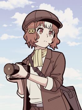 1girl a-king ascot bag belno_light_(umamusume) belt blazer blue_sky brown_eyes brown_hair brown_hat brown_jacket brown_pants camera carrying closed_mouth cloud cloudy_sky commentary day hair_ornament hat highres holding holding_camera horse_girl jacket letter_hair_ornament looking_to_the_side multicolored_hair newsboy_cap open_clothes open_jacket outdoors pants satchel shirt short_hair single-lens_reflex_camera sky solo standing two-tone_hair umamusume umamusume:_cinderella_gray upper_body watch white_hair white_shirt wristwatch yellow_ascot