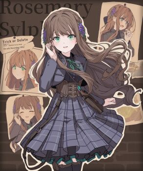 1girl :d black_dress black_thighhighs brown_hair commentary_request cowboy_shot dress flower frilled_dress frills green_eyes green_ribbon hair_flower hair_ornament hand_up highres long_hair long_sleeves looking_at_viewer mikisai neck_ribbon open_mouth original outline purple_flower ribbon smile solo thighhighs yellow_outline