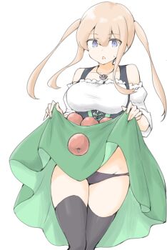 1girl akara_kai apple black_thighhighs blonde_hair blue_eyes blush breasts cleavage corset dirndl food fruit german_clothes graf_zeppelin_(kancolle) green_skirt hair_between_eyes highres kantai_collection large_breasts lifting_own_clothes long_hair looking_at_viewer shirt shorts skirt solo thighhighs twintails white_shirt