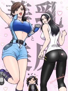 3girls belt black_hair blush breasts brown_eyes brown_hair china_dress chinese_clothes cleavage closed_mouth dress fingerless_gloves gloves hair_ornament hairband heart heart-shaped_pupils highres kazama_asuka kazama_jun large_breasts ling_xiaoyu long_hair looking_at_viewer mature_female multiple_girls open_mouth shirt short_hair shorts smile sweatdrop symbol-shaped_pupils tekken tekken_8 twintails white_hairband yusa_(yusa11subarukko)