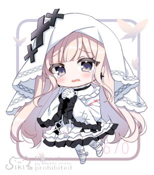 Rule 34 | 1girl, blonde hair, blush, bug, butterfly, chibi, chibi only, cross, cross earrings, dress, earrings, frilled dress, frills, full body, gloves, hand up, hikami meruru, insect, jewelry, long hair, long sleeves, looking at viewer, magical girl, mahou shoujo no majo saiban, open mouth, own hands together, priestess, purple eyes, shikito (yawa0w0), shoes, solo, standing, tearing up, veil, watermark, white background, white dress, white gloves, white shoes, white veil