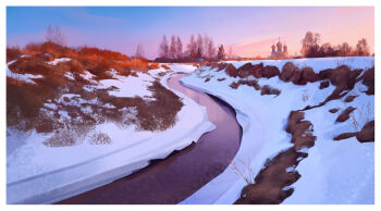 Rule 34 | bare tree, blue sky, building, commentary, english commentary, evening, gjb870216, highres, landscape, nature, no humans, original, outdoors, reflection, russia, scenery, sky, snow, stream, tree, water