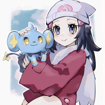 1girl absurdres asatte_3z beanie black_hair blue_eyes closed_mouth coat dawn_(pokemon) gen_4_pokemon hair_ornament half_updo hat highres holding holding_pokemon long_hair long_sleeves looking_at_viewer nintendo outline pokemon pokemon_(creature) pokemon_dppt pokemon_platinum red_coat scarf shinx smile twitter_username white_hat white_outline white_scarf