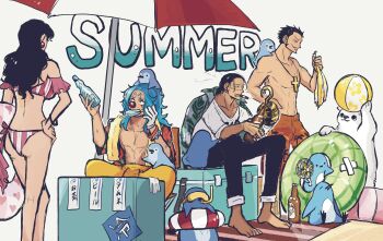 1girl 3boys alvida_(one_piece) animal back balloon bikini black_hair blue_hair buggy_the_clown cigar crocodile_(one_piece) cross_pendant dracule_mihawk eating f4ylu facial_hair heart heart_print highres hook_hand innertube multiple_boys mustache one_piece red_nose short_hair simple_background stitched_face stitches summer swim_ring swimsuit topless_male white_background