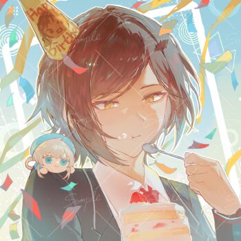 Rule 34 | 1girl, amaniwa haruka (artist), brown hair, cake, commentary, confetti, dark-skinned female, dark skin, eating, english commentary, food, happy birthday, hat, highres, holding, holding spoon, limbus company, outis (project moon), party hat, project moon, sample watermark, short hair, spoon, strawberry shortcake, watermark, watermark grid, yellow eyes