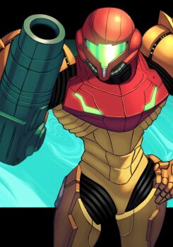 Rule 34 | absurdres, arm cannon, armor, black border, blue background, border, cowboy shot, green-tinted eyewear, helmet, highres, metroid, nintendo, orange armor, power suit (metroid), red armor, red helmet, samus aran, silverchariotx, solo, tinted eyewear, weapon