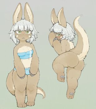 1girl animal_ears ass bikini blush breasts brown_fur colored_eyelashes commentary completely_nude english_commentary frojiros from_behind furry furry_female genderswap genderswap_(otf) green_eyes grey_hair highres made_in_abyss nanachi_(made_in_abyss) nude small_breasts strapless strapless_bikini striped_bikini striped_clothes swimsuit tail