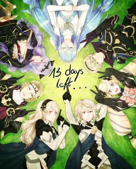 3boys 4girls azura_(fire_emblem) blonde_hair blue_hair breasts camilla_(fire_emblem) cleavage countdown elise_(fire_emblem) female_corrin_(fire_emblem) fire_emblem fire_emblem_fates large_breasts leo_(fire_emblem_fates) lithety looking_at_viewer male_corrin_(fire_emblem) multiple_boys multiple_girls nintendo on_grass purple_eyes purple_hair red_eyes second-party_source siblings small_breasts xander_(fire_emblem)