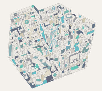 1girl abstract absurdly_detailed_composition batman_(series) cake chess_piece cluttered computer computer_tower cosmetics dc_comics dress english_text female_focus folding_fan food hand_fan hebitsukai lipstick_tube loaded_interior monochrome original rook_(chess) room short_hair side_ponytail sitting solo