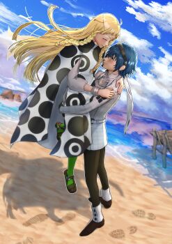 1boy 1girl absurdres beach black_hairband black_pants blonde_hair blue_eyes blue_hair blue_sky carrying carrying_person closed_eyes closed_mouth cloud commentary_request commission dark-skinned_female dark-skinned_male dark_skin day eupha_(metaphor:_refantazio) eva02asuka0608 green_pantyhose hairband heterochromia highres jacket long_hair long_sleeves looking_at_another metaphor:_refantazio ocean outdoors pants pantyhose pixiv_commission poncho protagonist_(metaphor:_refantazio) shadow short_hair sky smile third_eye water white_jacket yellow_eyes