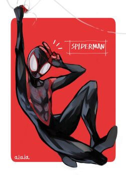 1boy artist_name black_bodysuit bodysuit border character_name highres holding holding_string male_focus marvel mask miles_morales outside_border red_background solo spider-man_(miles_morales) spider-man_(series) string superhero_costume sushi_pizza_rrr swinging v watermark web_address white_border white_eyes